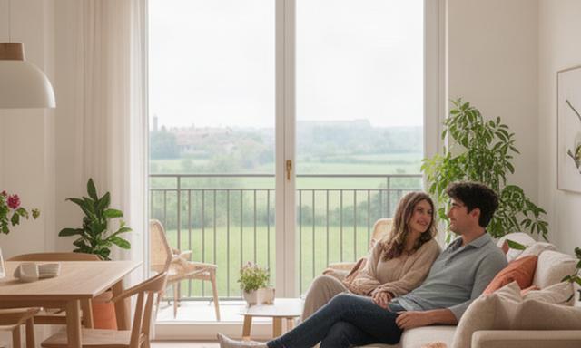 Coppia in un appartamento bilocale moderno con balcone affacciato sul verde mantovano
