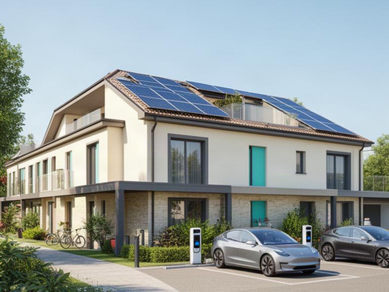 Edificio residenziale di nuova costruzione con pannelli fotovoltaici e colonnine per auto elettriche