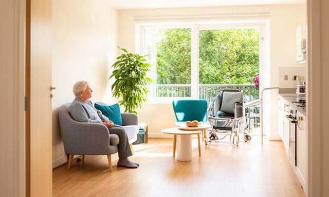 Appartamento moderno e accessibile con soggiorno luminoso per una persona anziana
