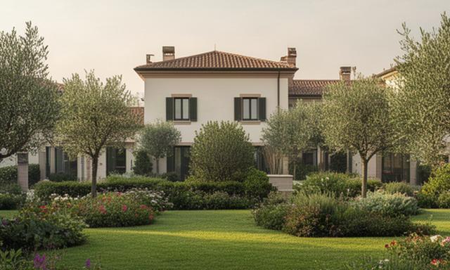 Giardino condominiale curato davanti a un residence di poche unità in provincia di Mantova