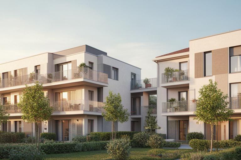 Rendering fotografico di un nuovo complesso residenziale a Mantova con balconi, giardini e facciate contemporanee